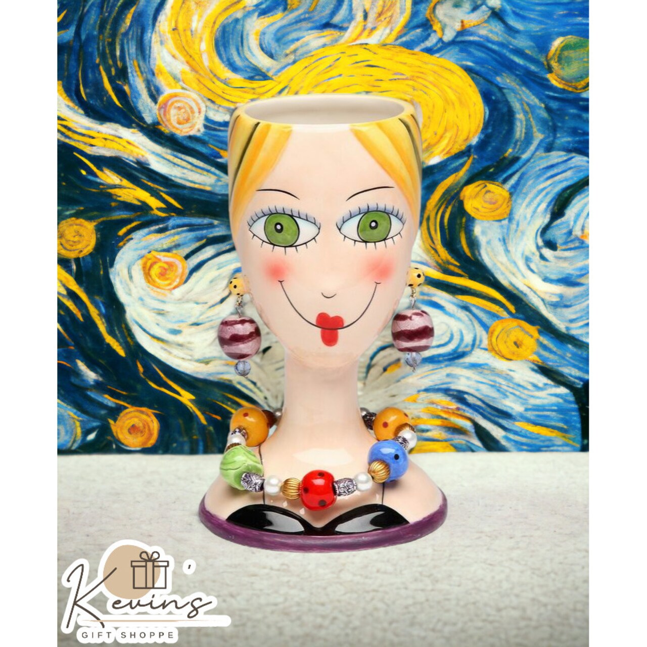 Ceramic Pretty Lady with Necklace Earrings Makeup Brush or Pen Holder Quality